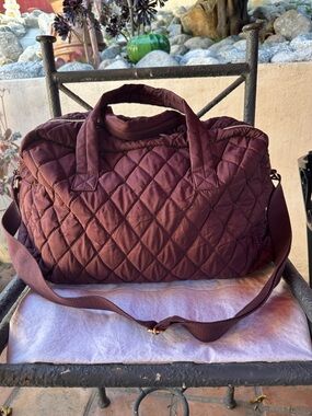 Quilted Travel Duffel Bag in Burgundy with Adjustable Strap